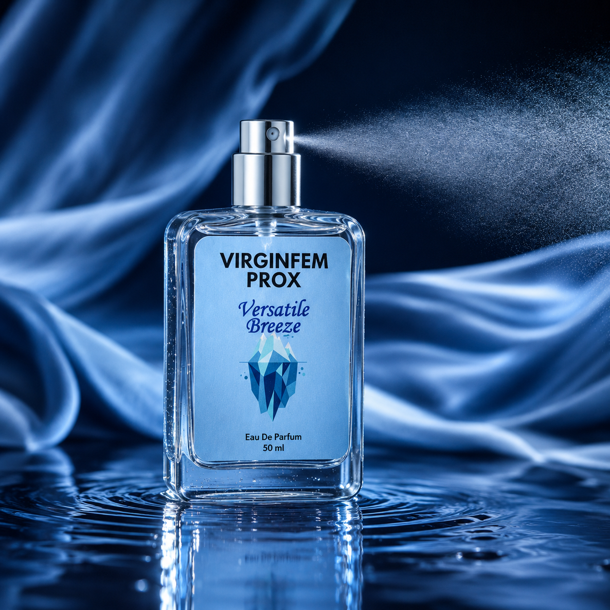 A clear rectangular perfume bottle labeled 'VIRGINFEM PROX Versatile Breeze' with a silver spray nozzle, shown spraying mist against a blue satin fabric backdrop with water ripples below.