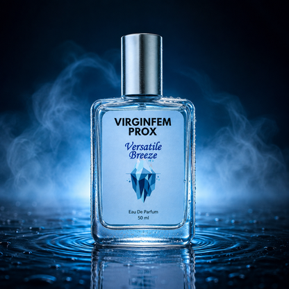 A 50ml bottle of 'Virginfem Prox' Versatile Breeze Eau De Parfum, featuring a clear glass body, silver cap, and blue label, set against a dark background with dramatic blue lighting, steam, and water ripples.