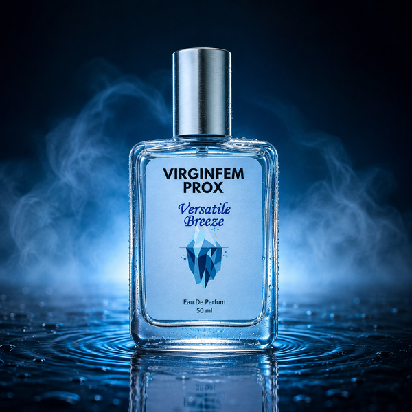 A 50ml bottle of 'Virginfem Prox' Versatile Breeze Eau De Parfum, featuring a clear glass body, silver cap, and blue label, set against a dark background with dramatic blue lighting, steam, and water ripples.