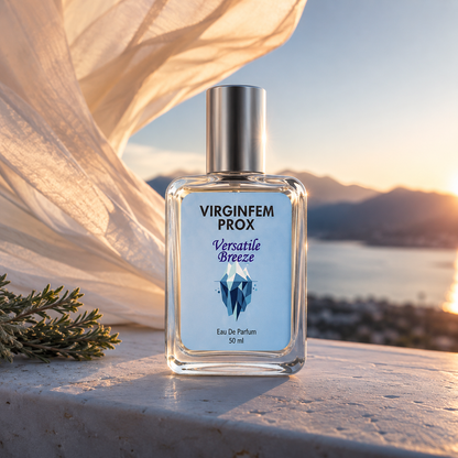 A 50ml bottle of VIRGINFEM PROX Versatile Breeze Eau De Parfum is displayed on a stone ledge with a scenic sunset ocean background and flowing sheer fabric.