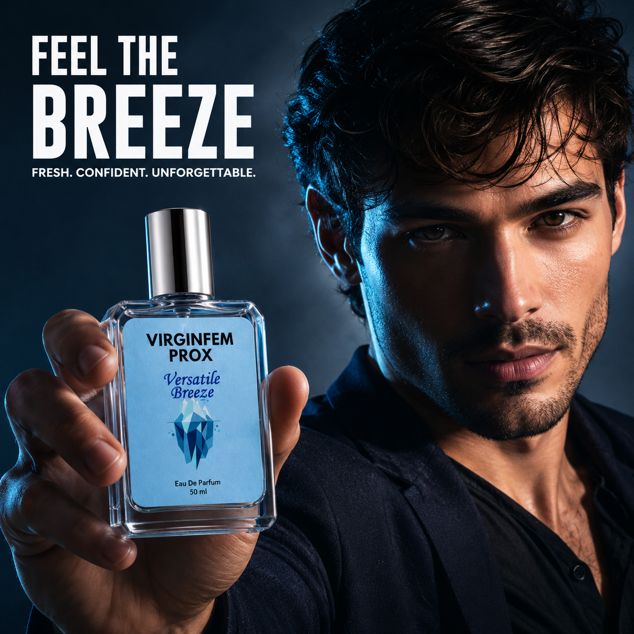 A man in a dark blazer holds up a clear rectangular perfume bottle labeled 'Virginfem Prox Versatile Breeze' against a dark blue background with the text 'FEEL THE BREEZE' and 'FRESH. CONFIDENT.